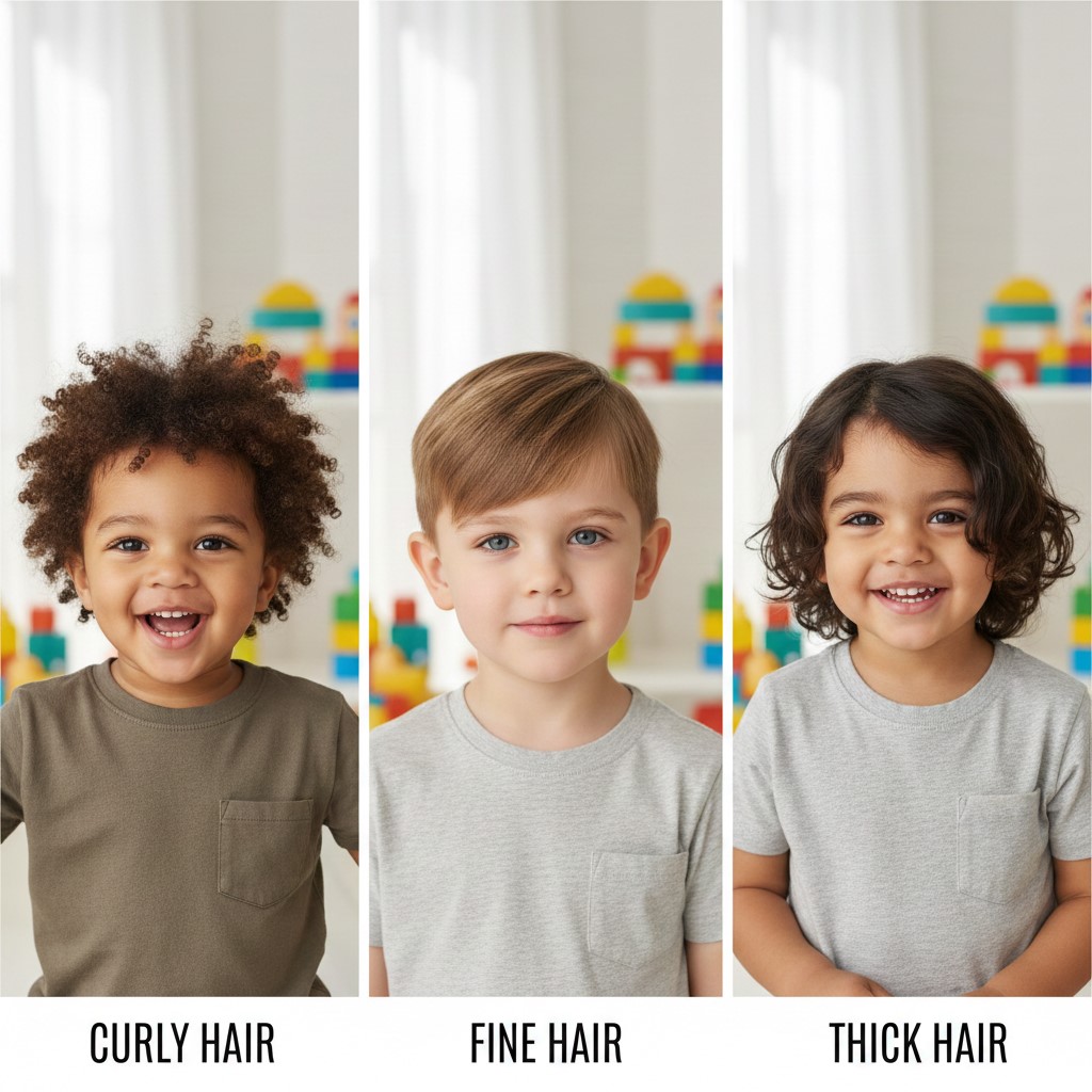 The image describes three main hair textures for kids’ hairstyles.