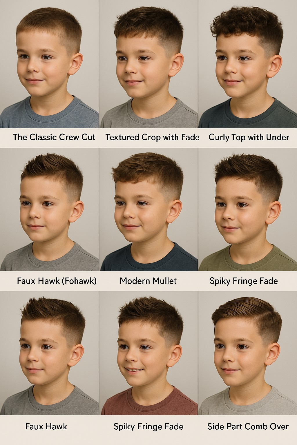The image demonstrates the most common haircuts and hairstyles for 8-year-olds.