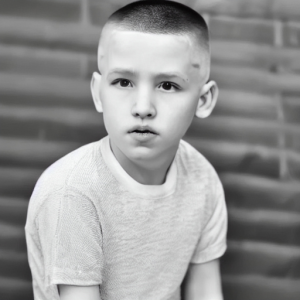 This image shows a child with a crew cut hairstyle to give a look after a cut.