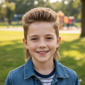 the image shows modern mullet haircut hairstyle for kids