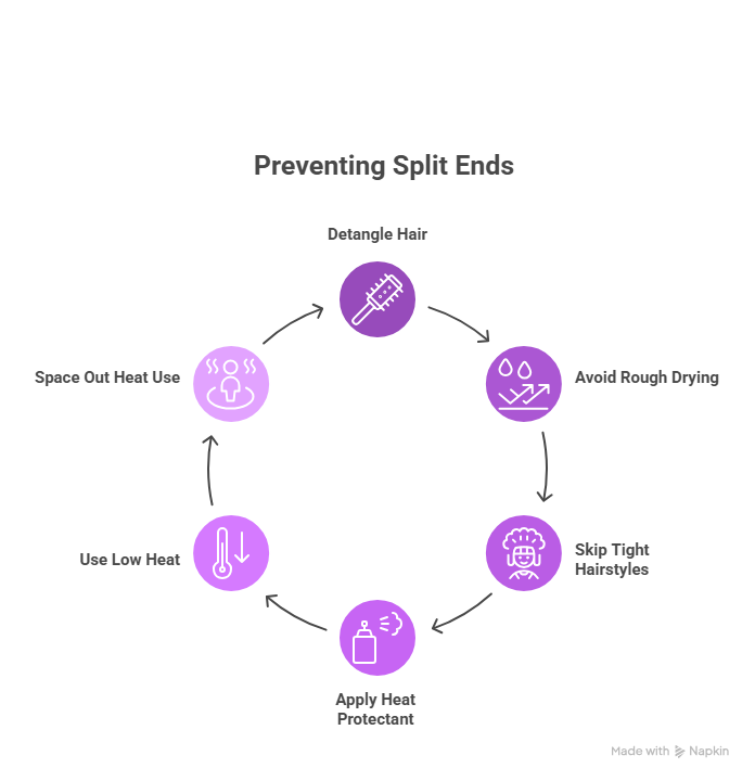 This image describes six everyday habits to adopt as a solution to the problem of how to prevent split ends.