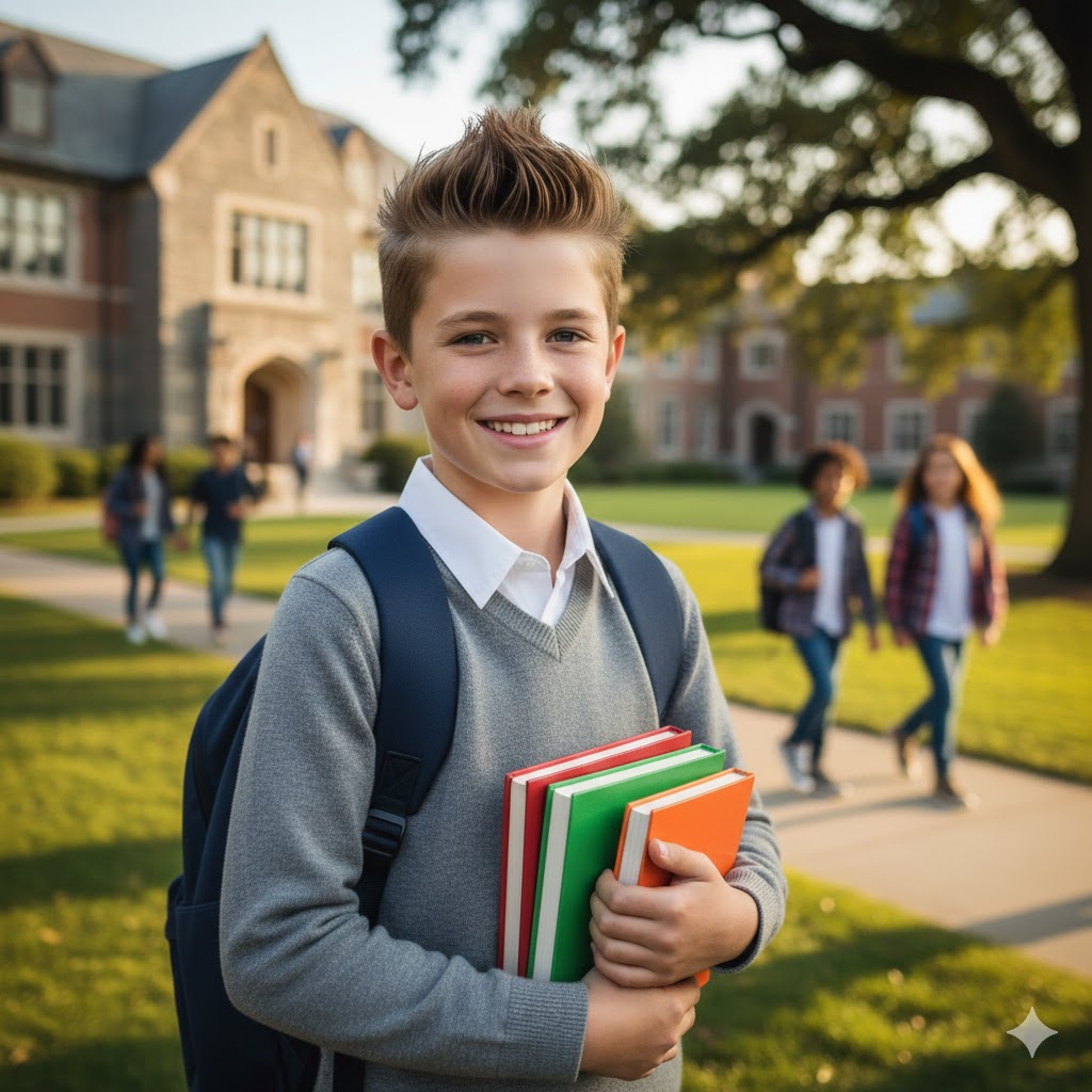 This image shows the spike brush-up hairstyle on a kid who is attending school.