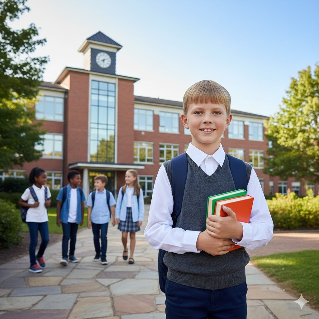 This image shows the Caesar cut on a school-going boy to explain the hairstyle.