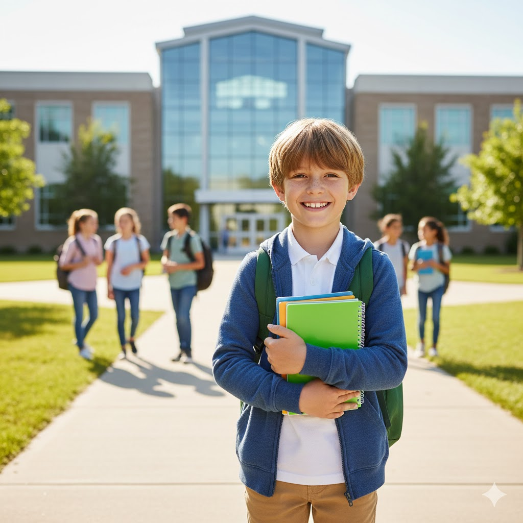 This image shows the boy standing in school and has a modern, textured bowl cut hairstyle.