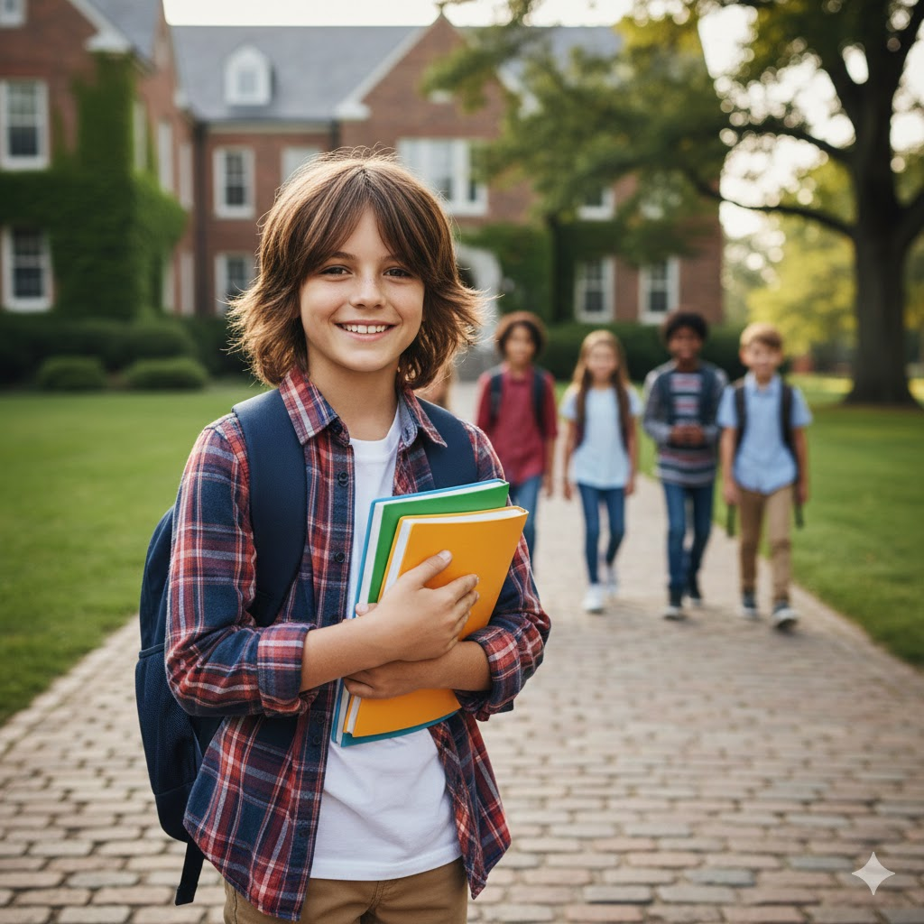 This image shows the shaggy mop hairstyle applied on a boy who is a school-going.