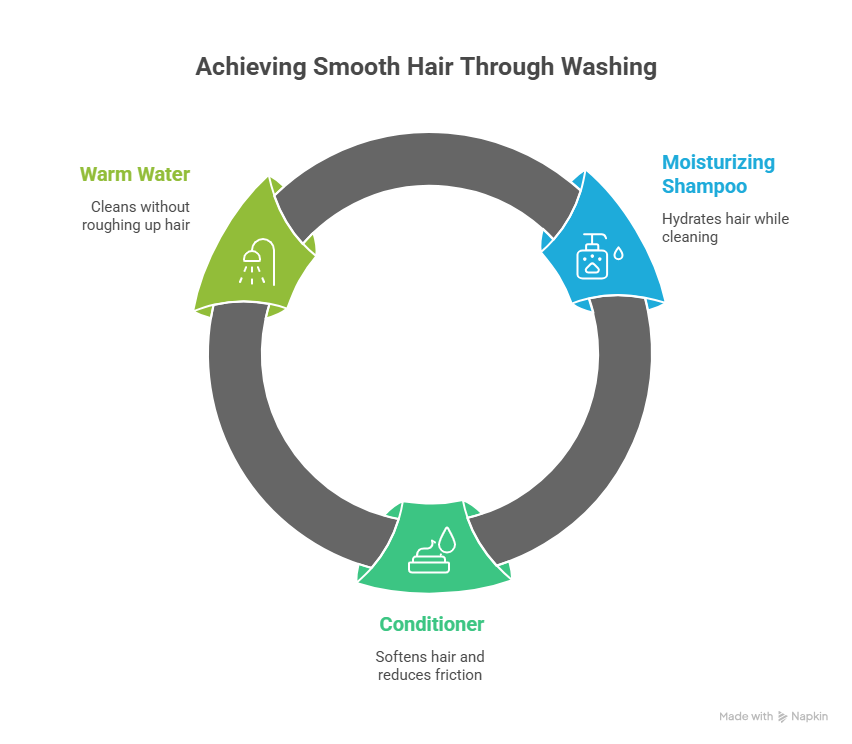 A circular diagram titled "Achieving Smooth Hair Through Washing" illustrating how to stop frizz by following three steps in order: Warm Water (Cleans without roughing up hair), Moisturizing Shampoo (Hydrates hair while cleaning), and Conditioner (Softens hair and reduces friction).