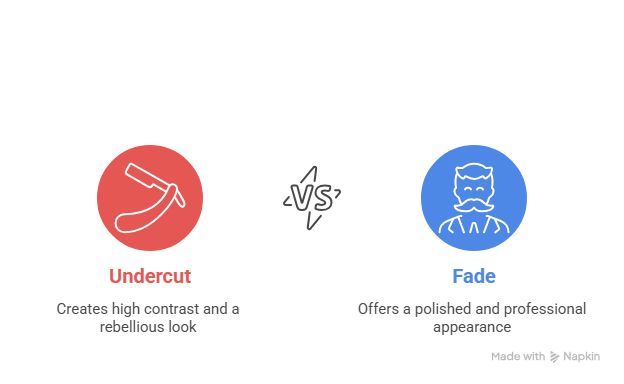 This image shows the undercut vs. fade difference by highlighting both styles' look for face shapes.