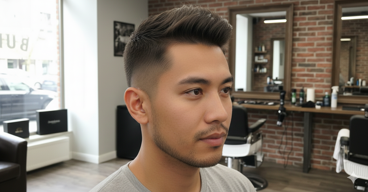 This image shows the hairstyle of a textured crop on a man’s face to give an idea of the look.