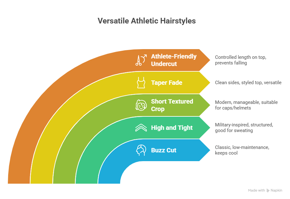 A rainbow-colored graphic illustrating five athletics hairstyles suitable for athletes: Athlete-Friendly Undercut, Taper Fade, Short Textured Crop, High and Tight, and Buzz Cut, each with a brief description of its benefits.