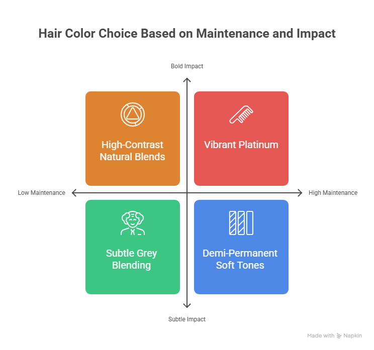 A 2x2 matrix chart titled "Hair Color Choice Based on Maintenance and Impact" illustrating four categories for hair dye choices: Vibrant platinum, high-contrast natural blends, demi-permanent soft tones, and subtle grey blending, which helps answer the question, "Where can I go to get my hair dyed?"