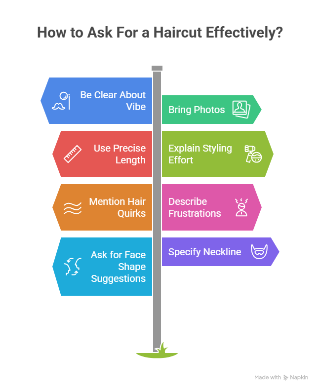 The image shows tips on how to ask for a haircut with clear communication.