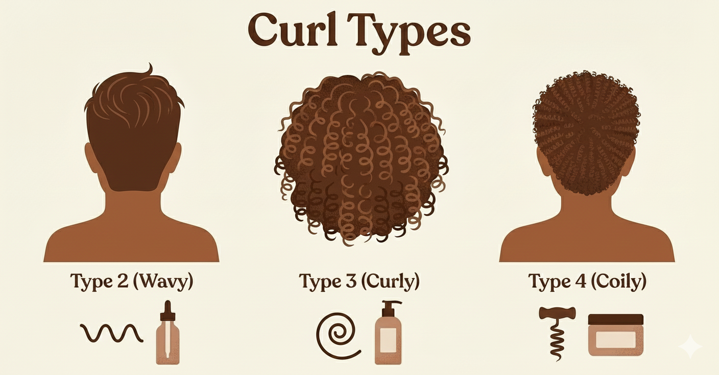 This image shows the chart illustrating the type of curls to help understand how to take care of curly hair for men, according to the type.