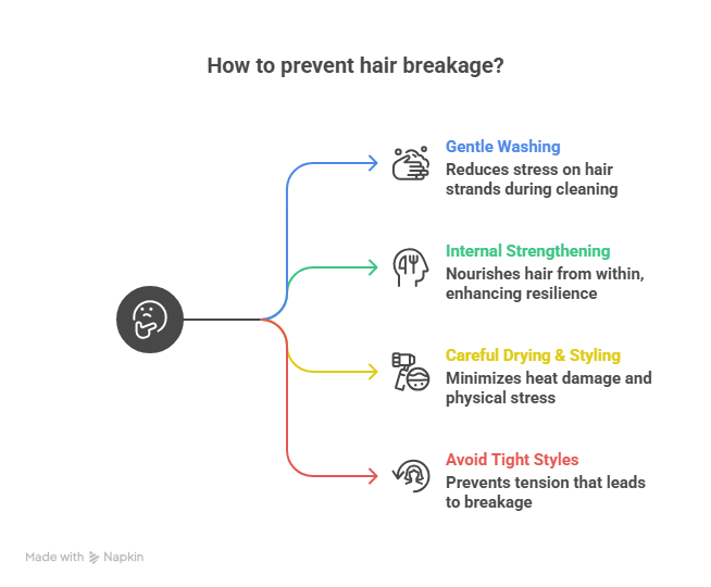 This image shows how to prevent breakage in hair by mentioning controlling tips.