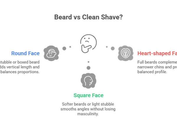 This image discusses the three common face shapes that one needs to consider when choosing between a beard vs clean shave.
