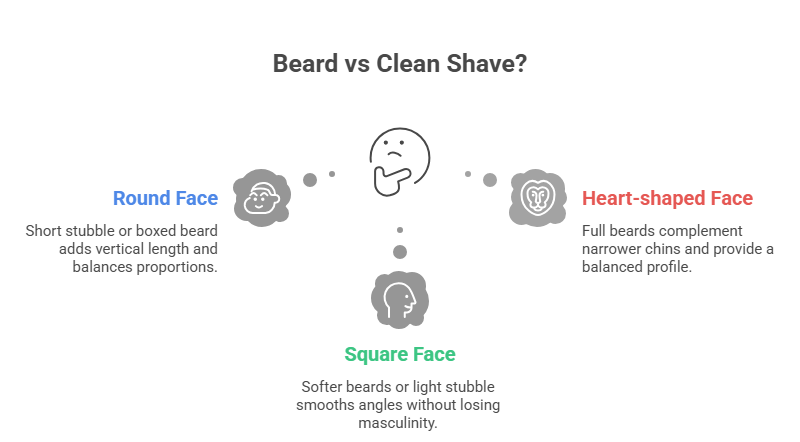 This image discusses the three common face shapes that one needs to consider when choosing between a beard vs clean shave.