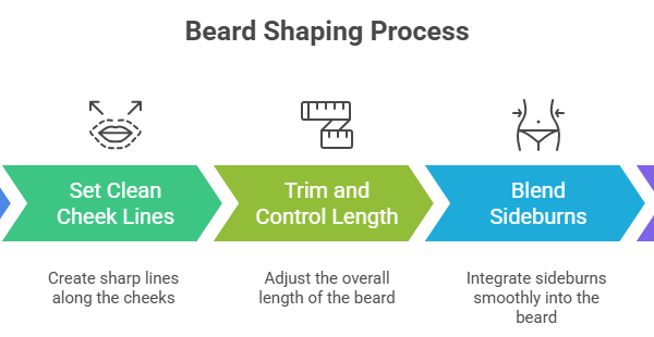 This image discusses how to shape a beard by mentioning the 5 trimming steps to follow.