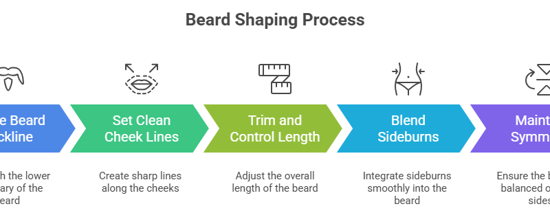 This image discusses how to shape a beard by mentioning the 5 trimming steps to follow.