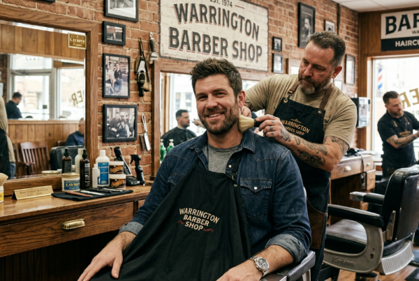 Man with heavy stubble, short beard style at Warrington Barber Shop in Warrington, PA