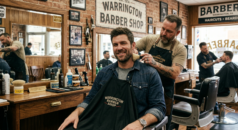 Man with heavy stubble, short beard style at Warrington Barber Shop in Warrington, PA