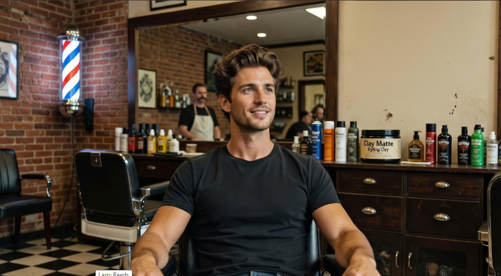 Man with a textured blowout haircut styled with matte clay at Warrington Barber Shop Warrington, PA.