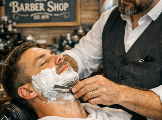Experiencing the best straight razor shave near me at a local Warrington barber shop.