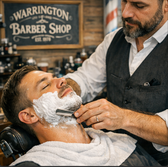 Experiencing the best straight razor shave near me at a local Warrington barber shop.