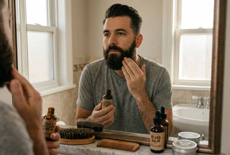 A man following a consistent beard care routine to maintain healthy facial hair.