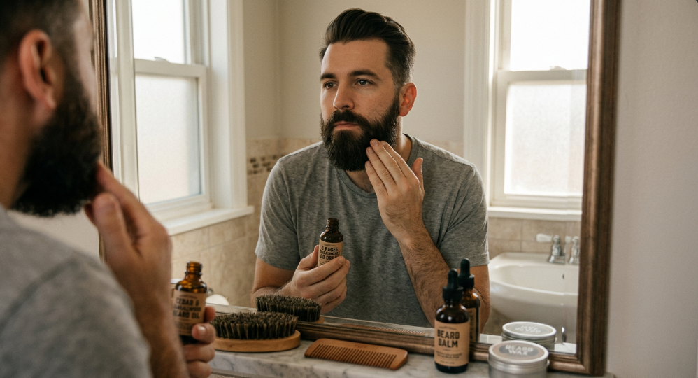 A man following a consistent beard care routine to maintain healthy facial hair.