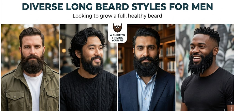 Diverse long beard styles for men looking to grow a full, healthy beard.