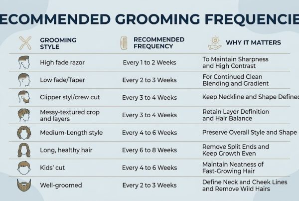 An infographic titled "Recommended Grooming Frequencies" explaining how often should men get a haircut based on their style, with a table covering options from high fades every 1 to 2 weeks to long hair every 6 to 8 weeks. Each entry includes a stylized icon and a brief explanation of why regular maintenance matters for that specific look.