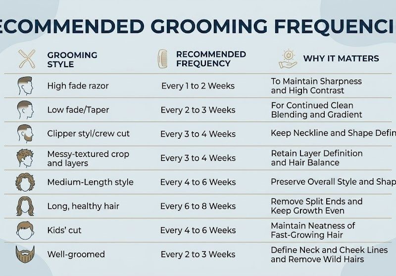 An infographic titled "Recommended Grooming Frequencies" explaining how often should men get a haircut based on their style, with a table covering options from high fades every 1 to 2 weeks to long hair every 6 to 8 weeks. Each entry includes a stylized icon and a brief explanation of why regular maintenance matters for that specific look.