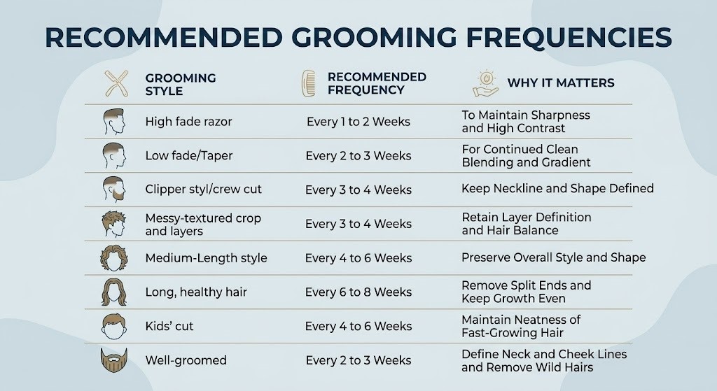 An infographic titled "Recommended Grooming Frequencies" explaining how often should men get a haircut based on their style, with a table covering options from high fades every 1 to 2 weeks to long hair every 6 to 8 weeks. Each entry includes a stylized icon and a brief explanation of why regular maintenance matters for that specific look.