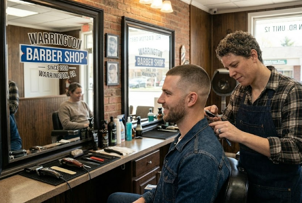 Getting a sharp fade haircut near me at a local Warrington barber shop.