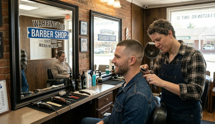 Getting a sharp fade haircut near me at a local Warrington barber shop.