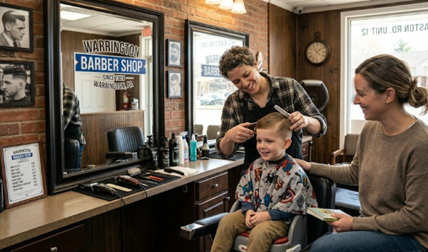 Barber giving a kids haircut with a parent nearby at Warrington Barber Shop in Warrington, Pennsylvania