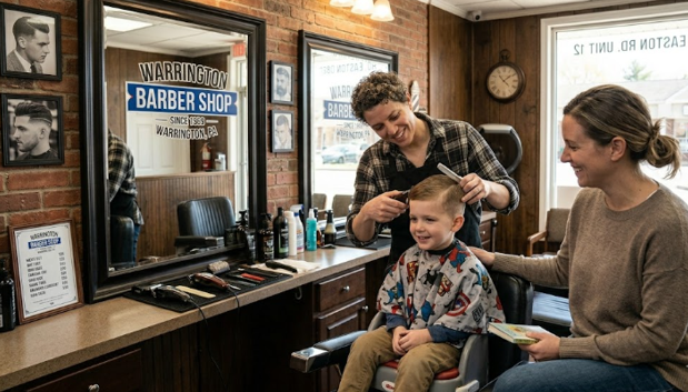 Barber giving a kids haircut with a parent nearby at Warrington Barber Shop in Warrington, Pennsylvania
