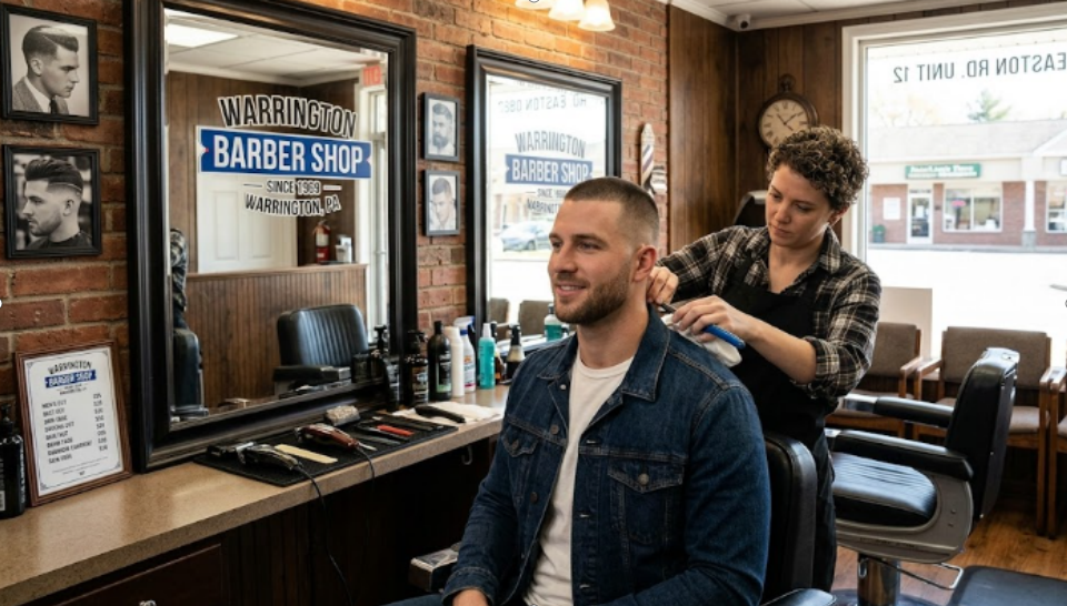 A man with a clean and trendy short haircut at Warrington Barber Shop